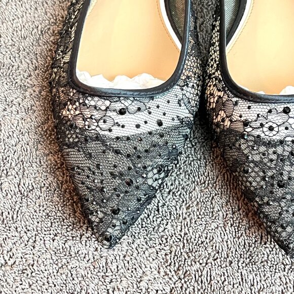 Jewel Badgley Mischka Womens Size 8.5 Black Lace Jeweled‎ Point Toe Flats Shoes - Picture 4 of 14